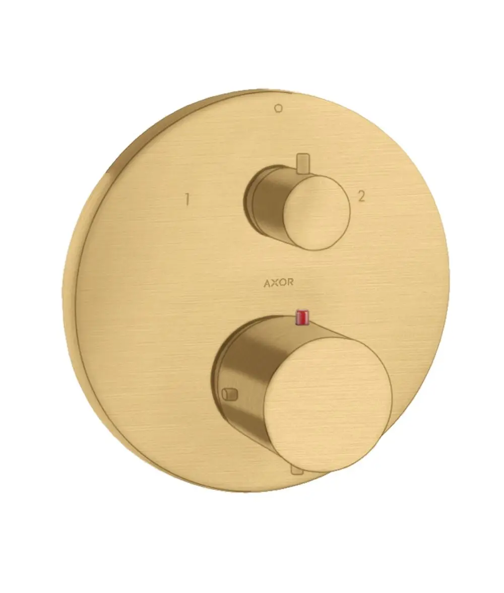 Thermostat von AXOR mit zwei Reglern für Ab- und Umstellung in gebürstetem Gold. Runde Wandplatte mit minimalistischer Gestaltung.